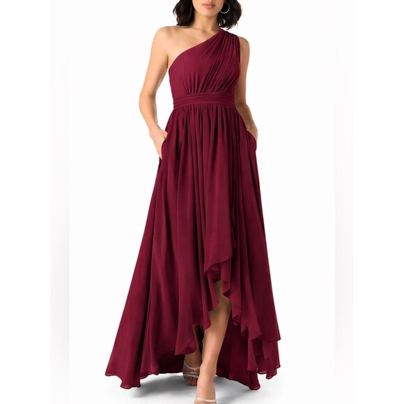 Azazie Dresses & Skirts - Azazie Mathilda Cabernet One Shoulder High Low Dress A22 Bridesmaid Formal